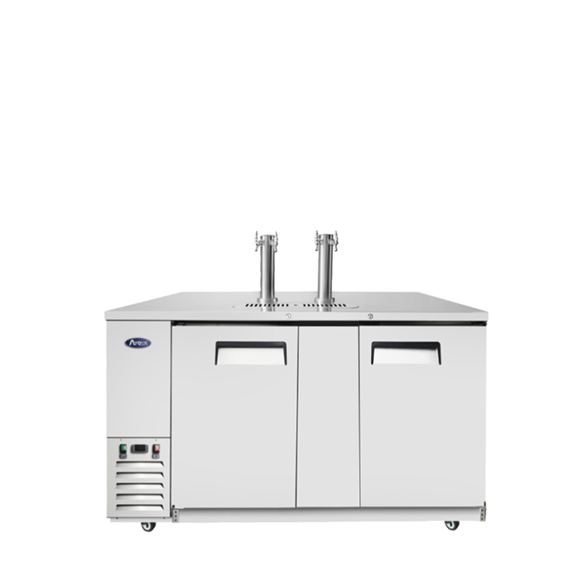 Atosa MKC68GR 68-inch direct draw keg cooler front view with dual tap towers and closed stainless steel doors