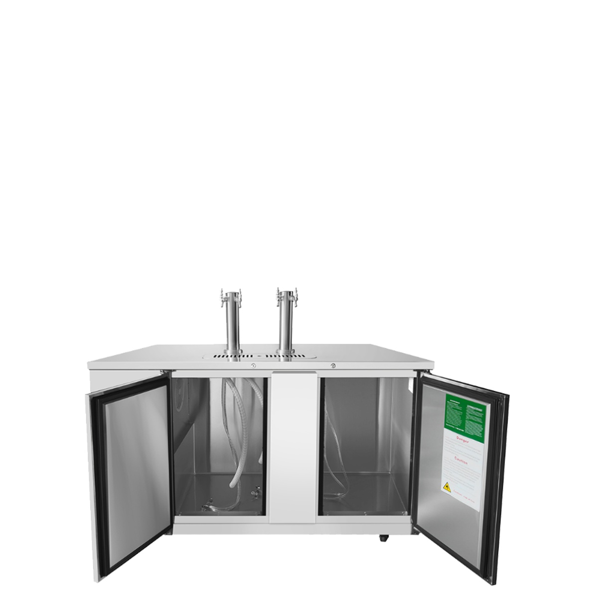 Atosa MKC68GR keg cooler with both doors open revealing spacious stainless steel interior and beer line connections