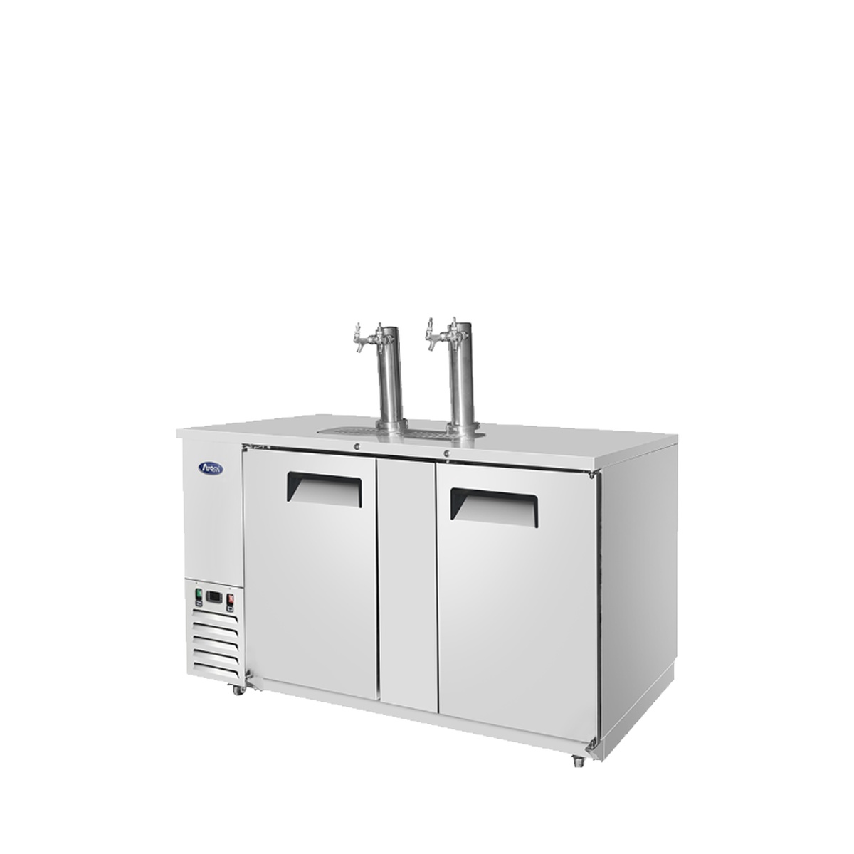Atosa MKC68GR 68-inch keg cooler angled side view with dual tap towers and digital controller panel visible