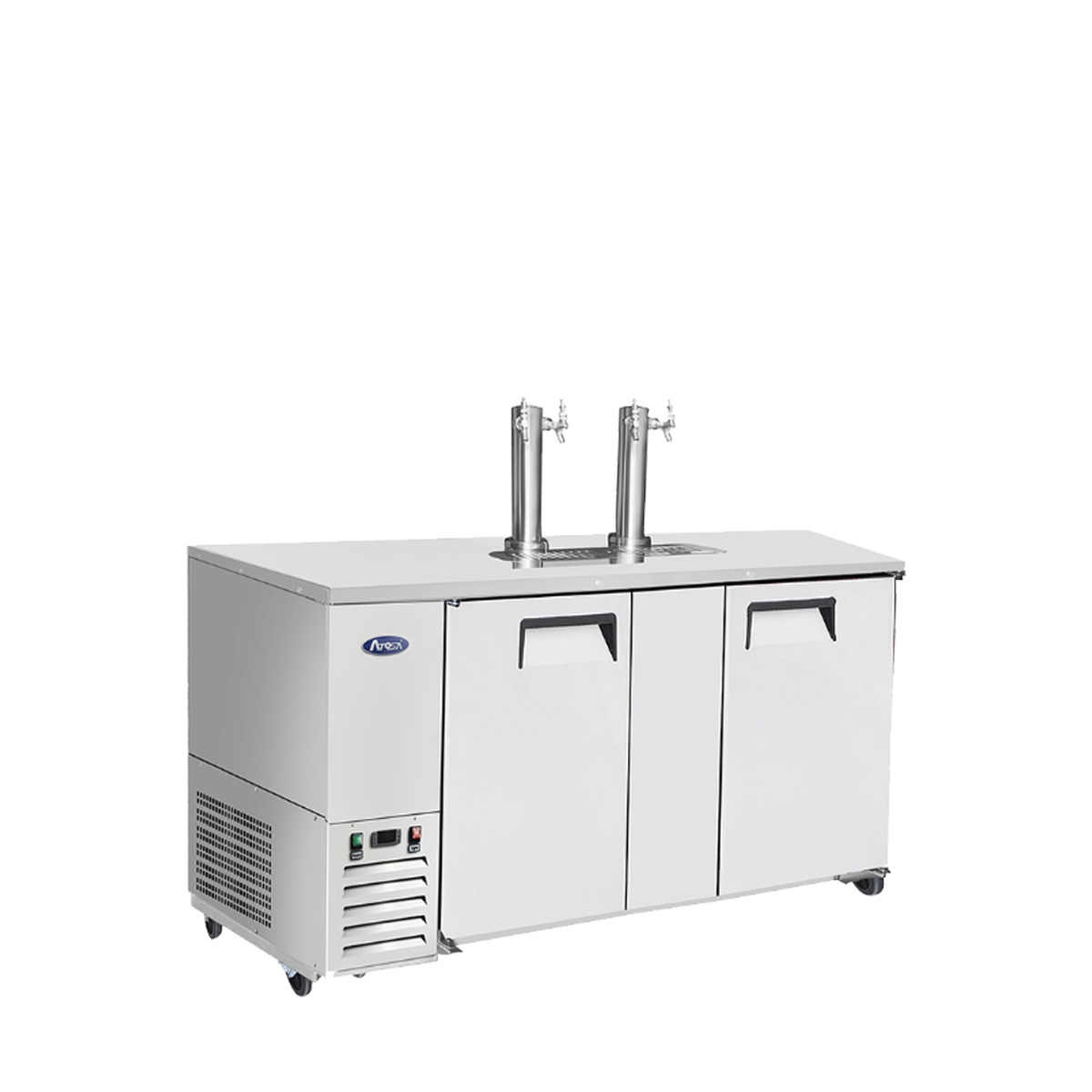 Atosa MKC68GR keg cooler angled view showing dual tap towers, slide-out compressor section, and pre-installed casters