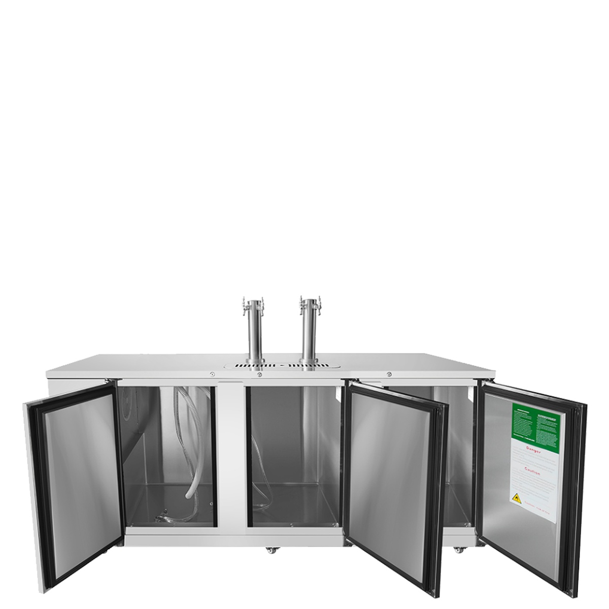 Atosa MKC90GR keg cooler with three doors open showing stainless steel interior and beer line connections