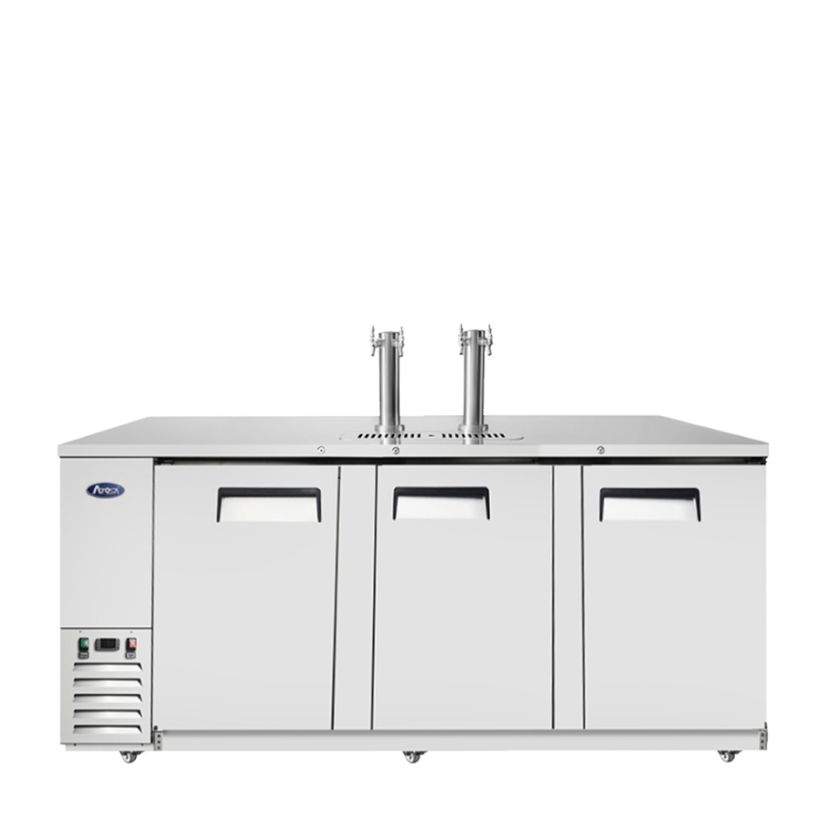 Atosa MKC90GR 90-inch direct draw keg cooler front view with dual tap towers and three solid stainless steel doors