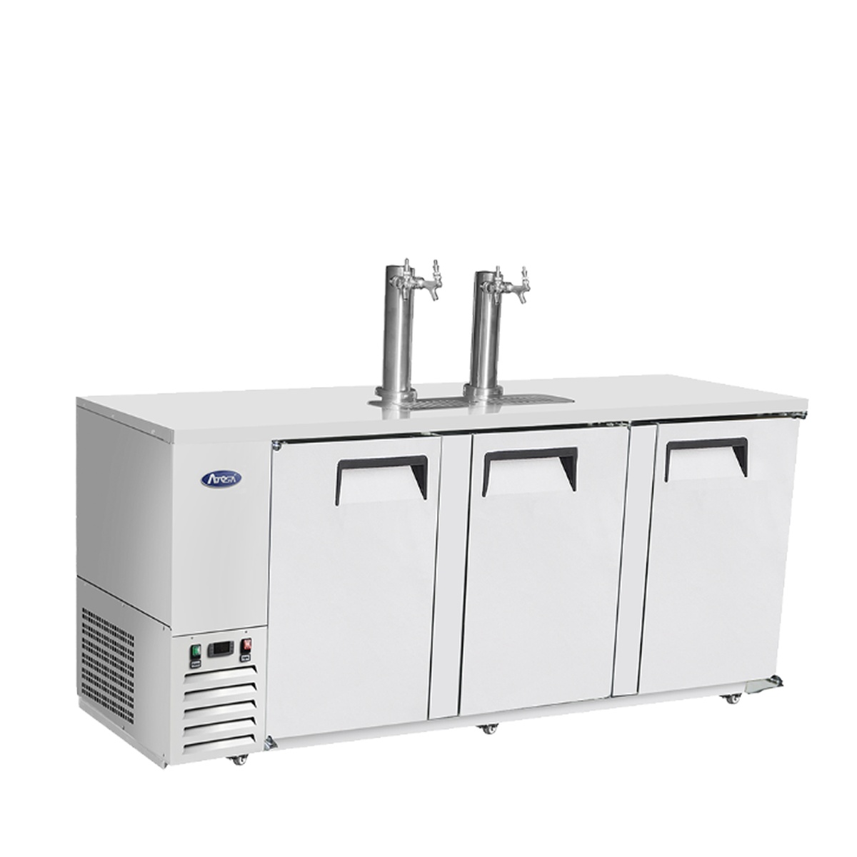 Atosa MKC90GR direct draw keg cooler three-quarter angle view showing side-mounted compressor and tap towers