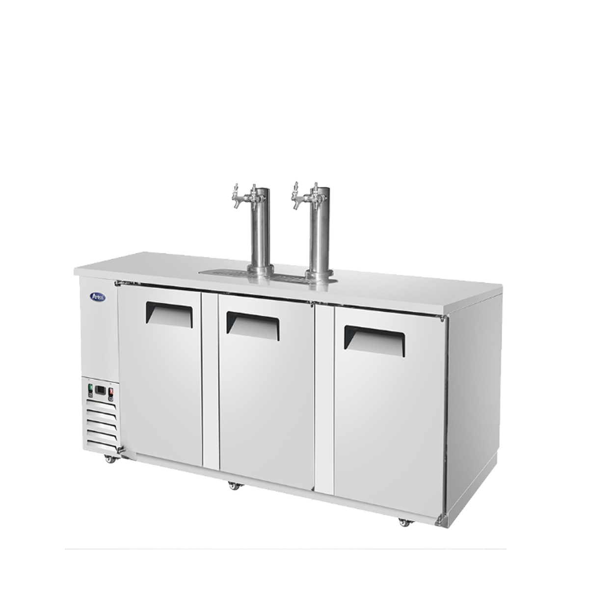 Atosa MKC90GR 90-inch keg cooler angled view showing dual tap towers, recessed handles, and casters