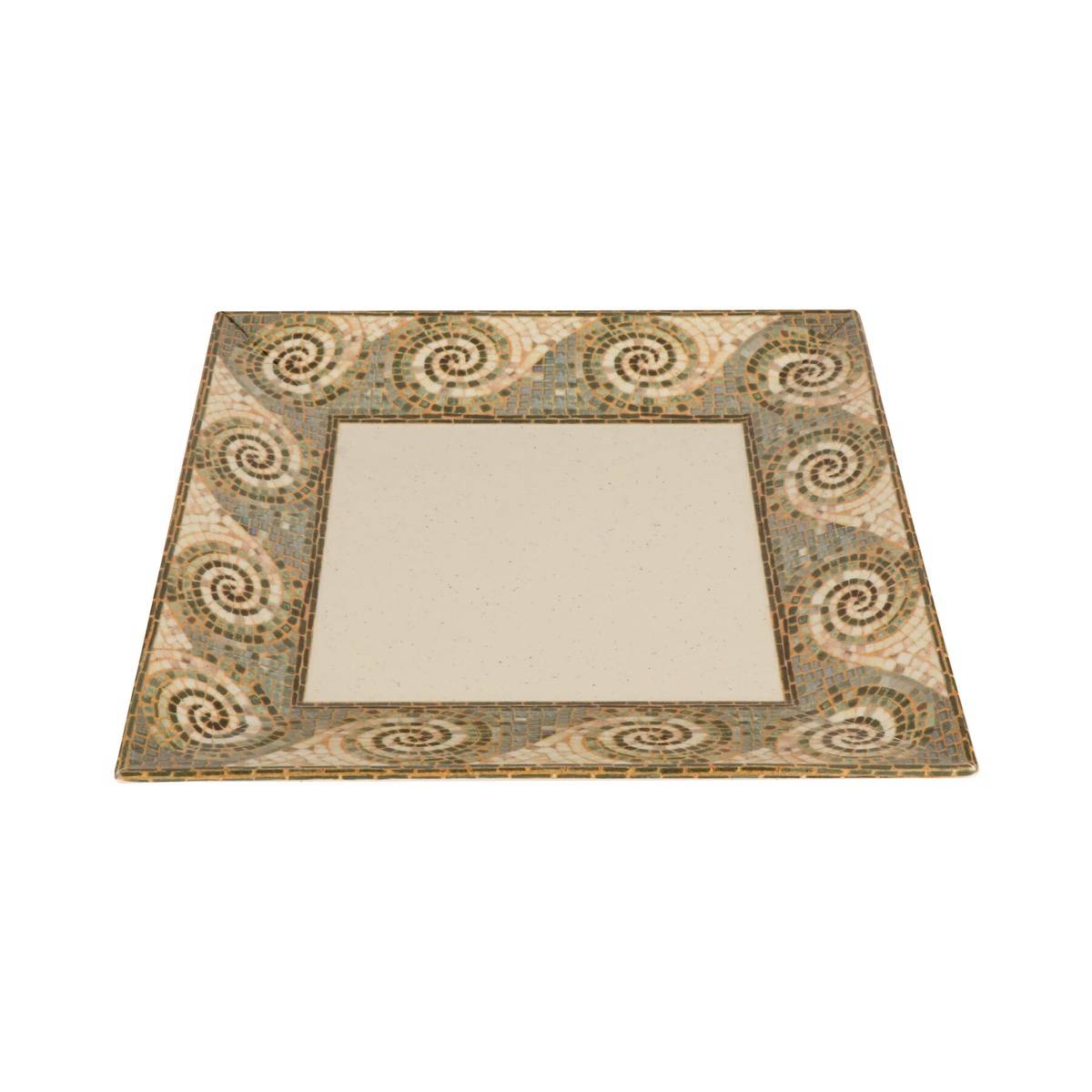 G.E.T. ML-104-MO Mosaic 10-inch square melamine plate, angled view showing decorative swirl border and cream center