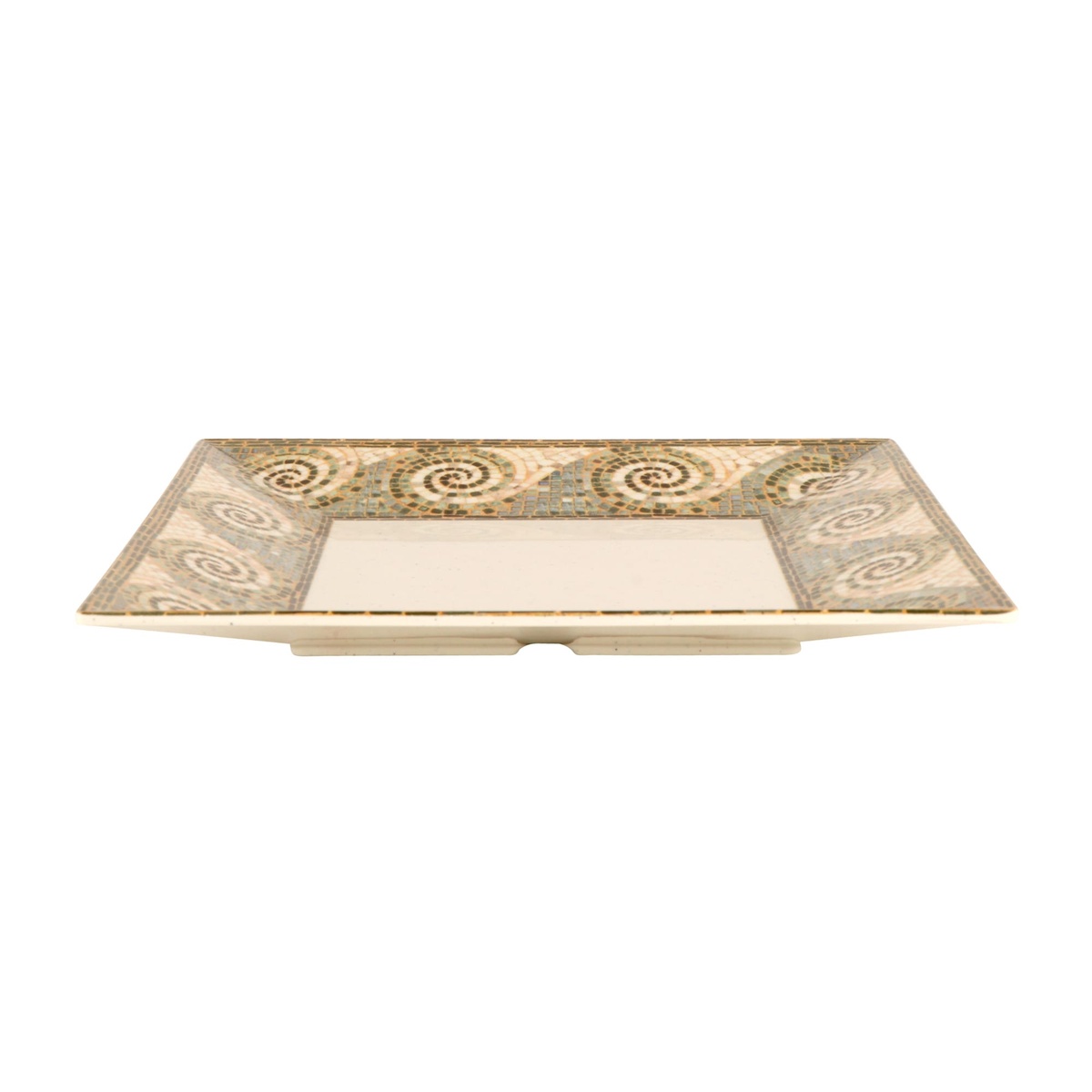 G.E.T. ML-104-MO Mosaic square melamine plate, side profile view showing shallow depth and mosaic-patterned rim