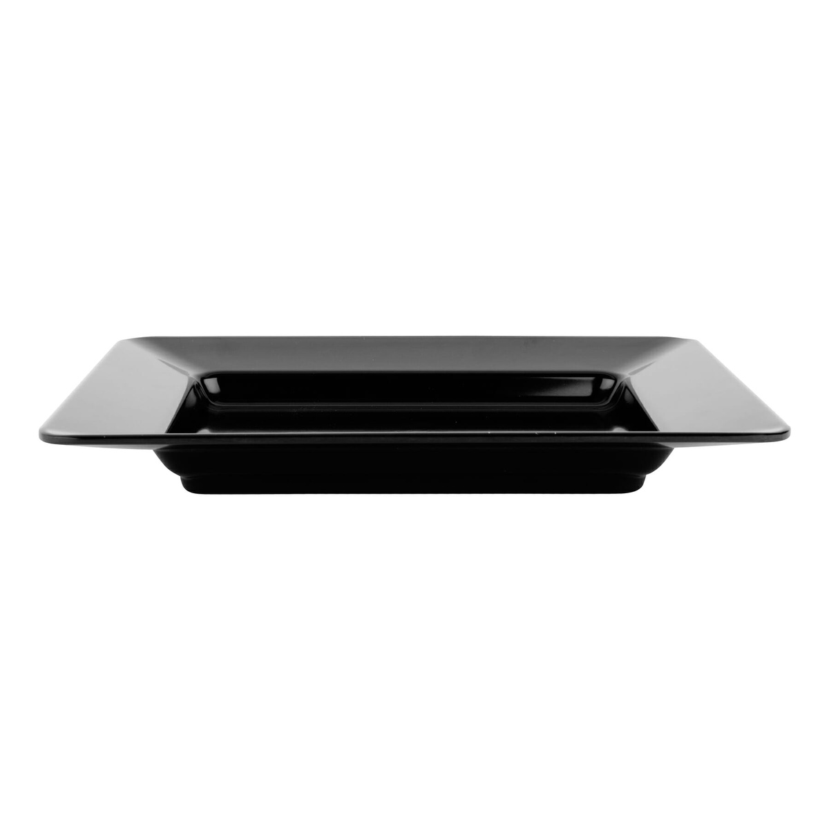 GET Enterprises ML-11-BK black rectangular melamine plate, side profile view showing depth and rubber feet