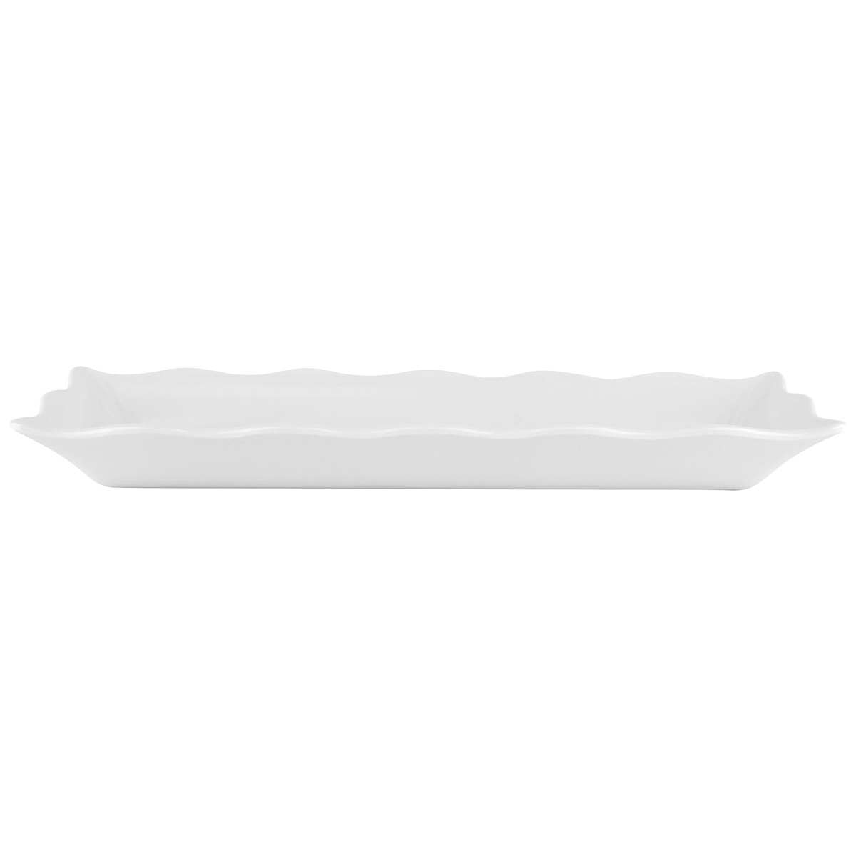 Angled view of GET Enterprises ML-87-RSP melamine tray highlighting scalloped rim and deep basin