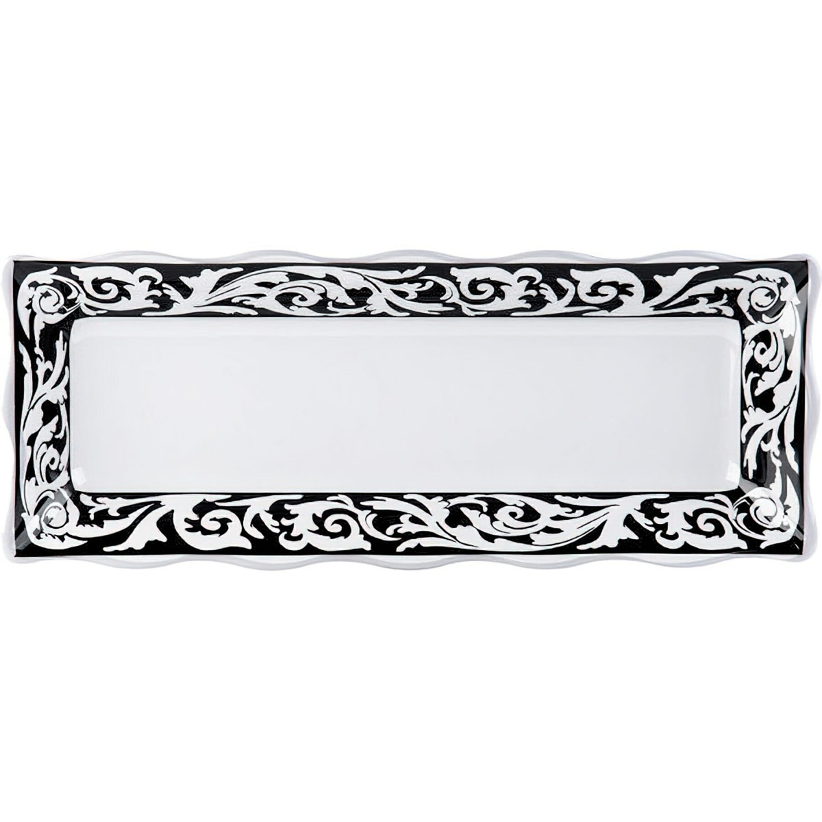 G.E.T. Enterprises ML-87-SO Soho melamine rectangular tray top-down view showing full black and white scroll border pattern