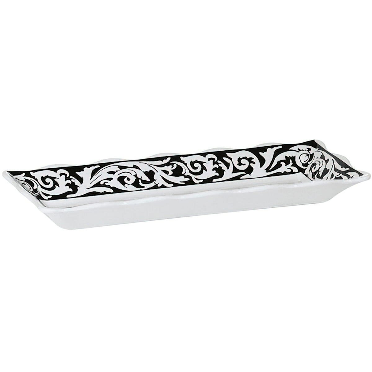 G.E.T. Enterprises ML-87-SO Soho melamine rectangular tray angled view showing black and white scroll pattern on rim