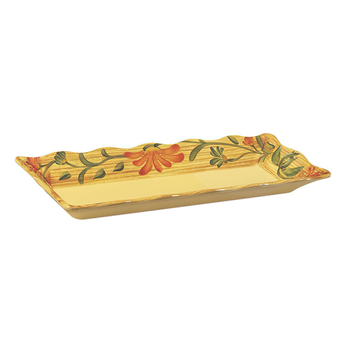 GET Enterprises ML-87-VN Venetian rectangular melamine platter angled view showing floral rim pattern
