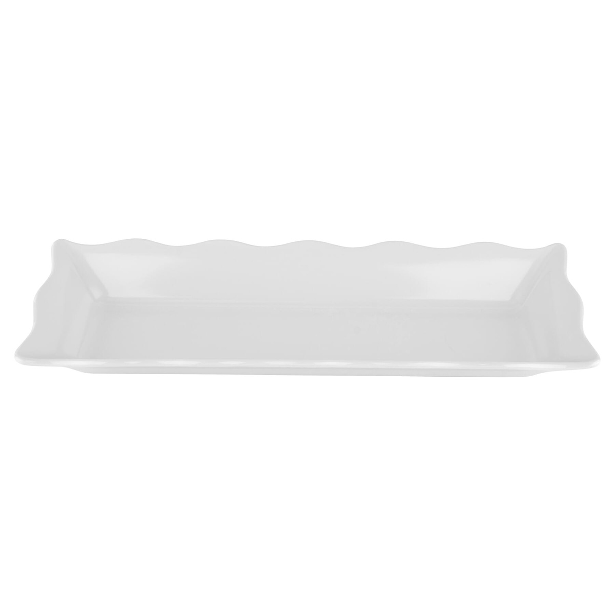 GET Enterprises ML-87-W white melamine rectangular tray with scalloped edges, side-angle view