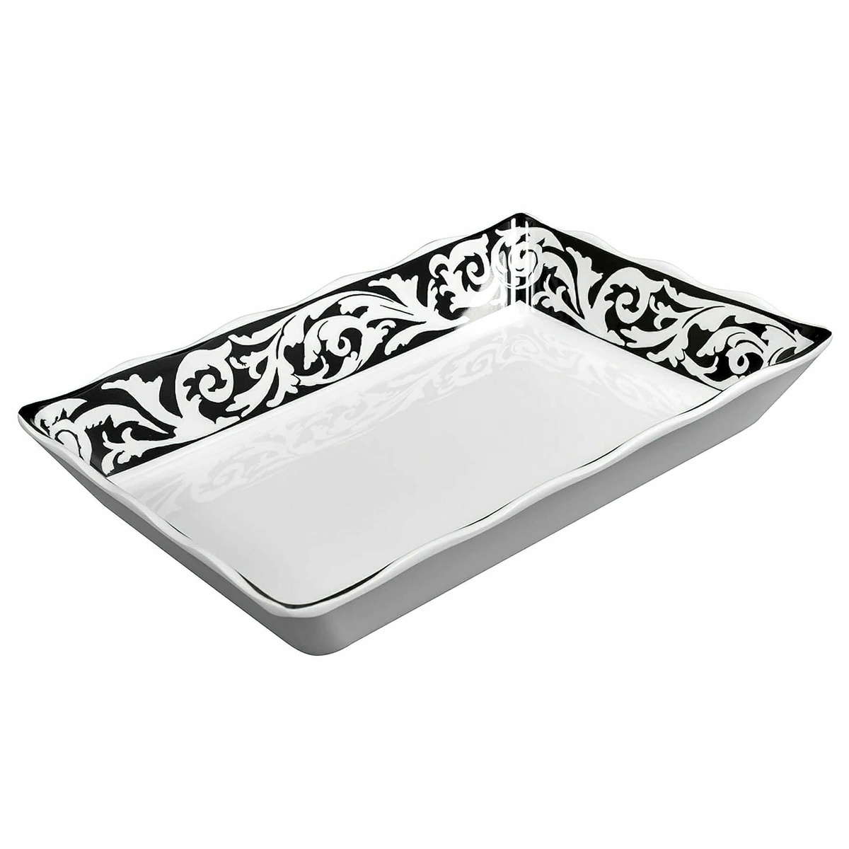 GET Enterprises ML-88-SO Soho melamine tray angled view showing baroque scroll border and deep rectangular well