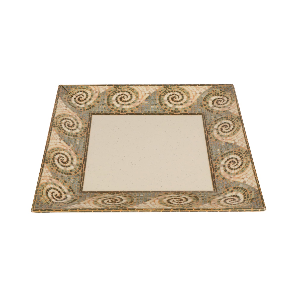G.E.T. Enterprises ML-90-MO Mosaic square melamine plate, angled perspective showing wide rim and mosaic spiral border detail