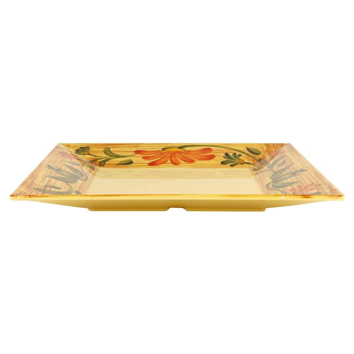 G.E.T. ML-90-VN Venetian square melamine plate, side profile view showing low-profile form and floral rim detail