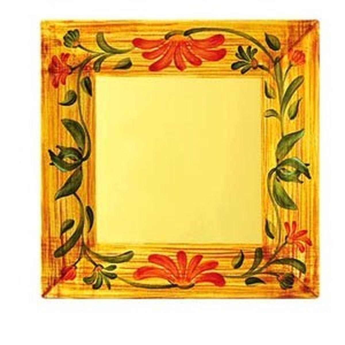 G.E.T. Enterprises ML-91-VN Venetian 14-inch square melamine plate with yellow surface and floral border featuring orange flowers and green leaves