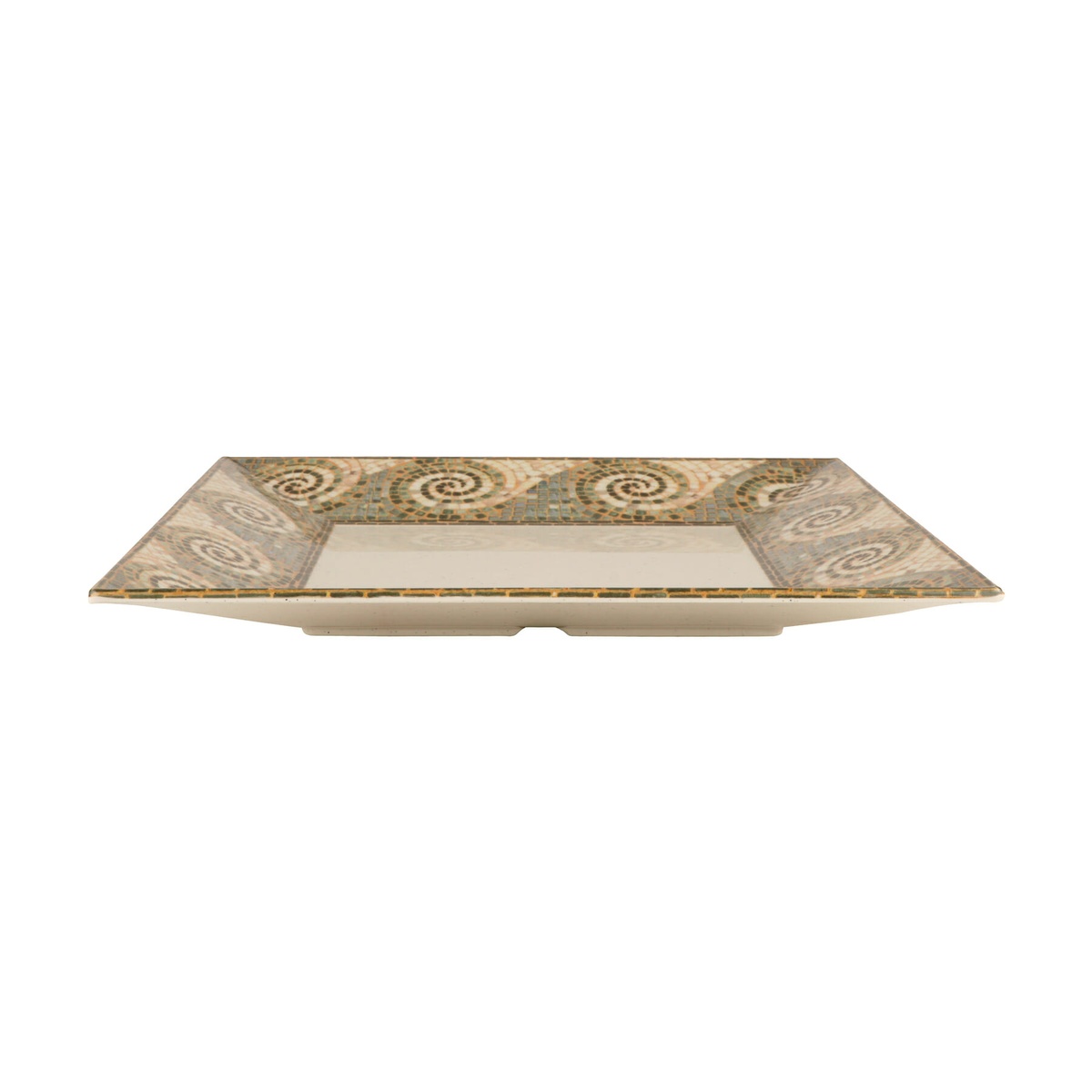 G.E.T. Enterprises ML-92-MO 16-inch square mosaic melamine plate, side profile view showing low-profile depth and mosaic rim detail