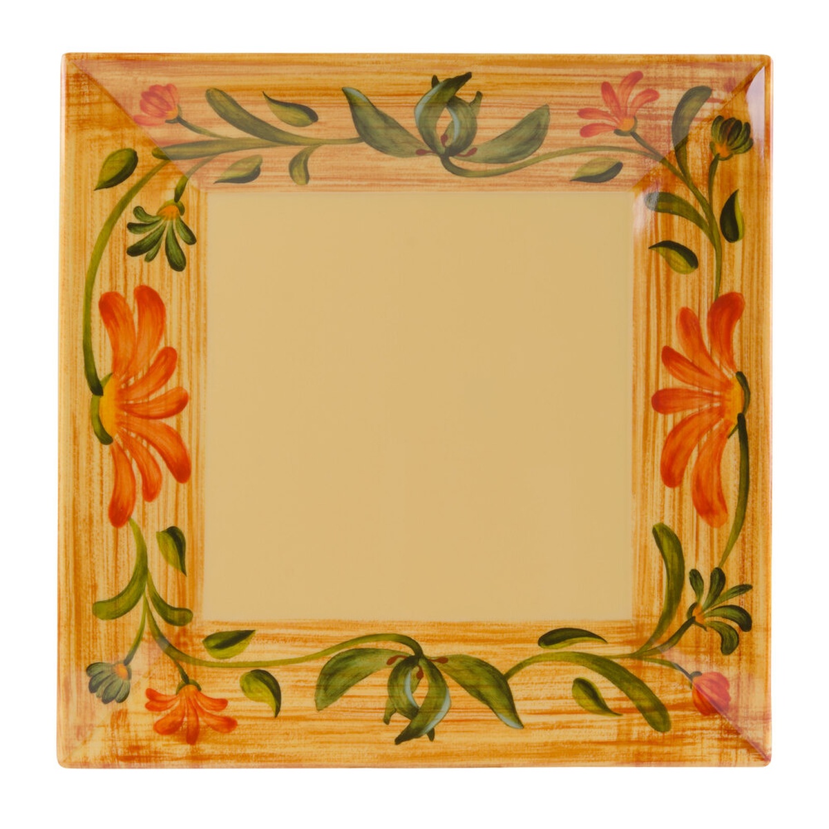 GET Enterprises ML-92-VN 16-inch square melamine plate with Venetian floral orange and green border pattern on pale yellow background