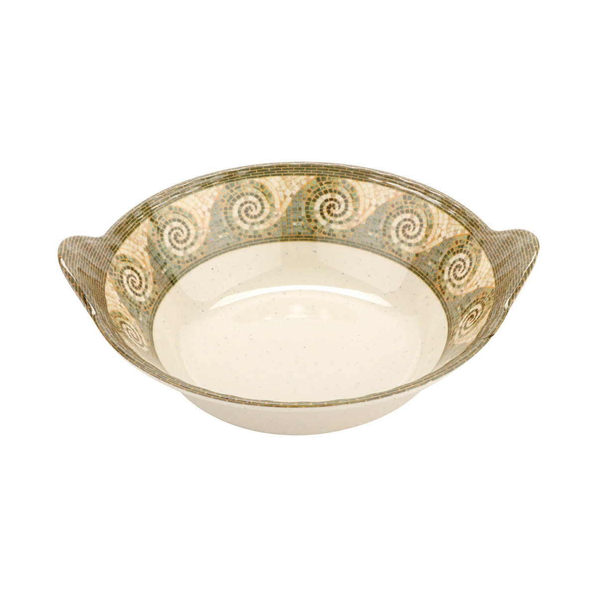 G.E.T. Enterprises ML-93-MO Mosaic melamine bowl angled top view showing spiral mosaic pattern on rim and integrated handles