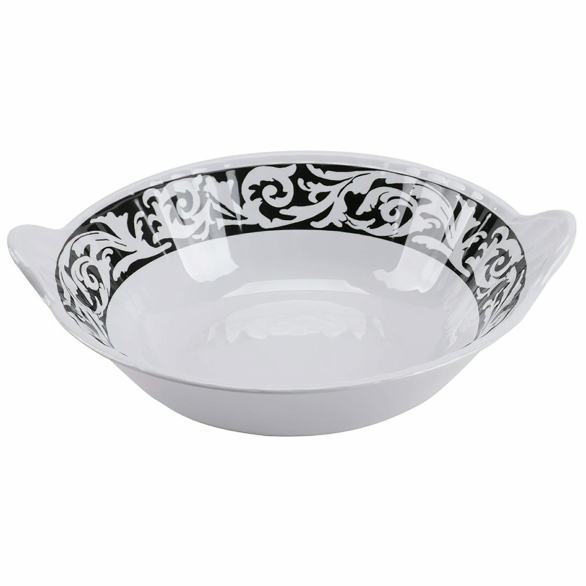 GET Enterprises ML-93-SO Soho melamine bowl, angled view showing black and white baroque scroll pattern on rim with side handles