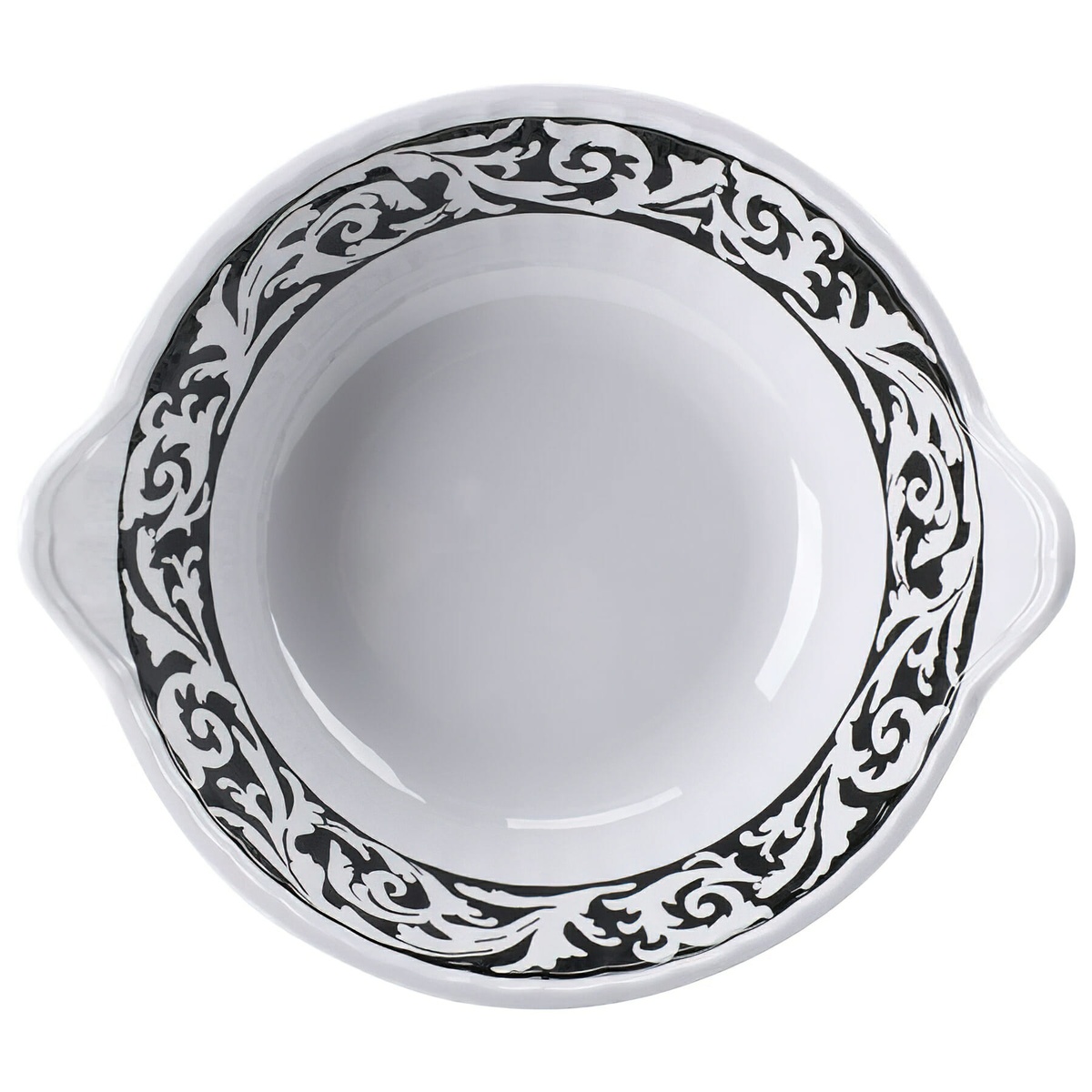 GET Enterprises ML-93-SO Soho melamine bowl, overhead top-down view showing full baroque scroll rim pattern and interior well