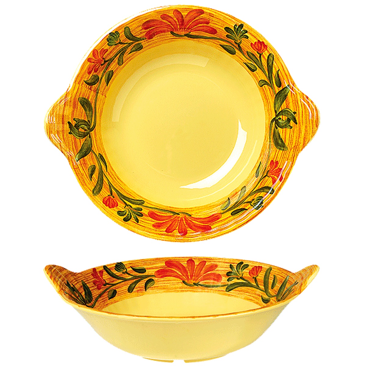 G.E.T. Enterprises ML-93-VN Venetian Melamine 2 Qt. Bowl in yellow with red floral and green leaf rim design, shown from top and side
