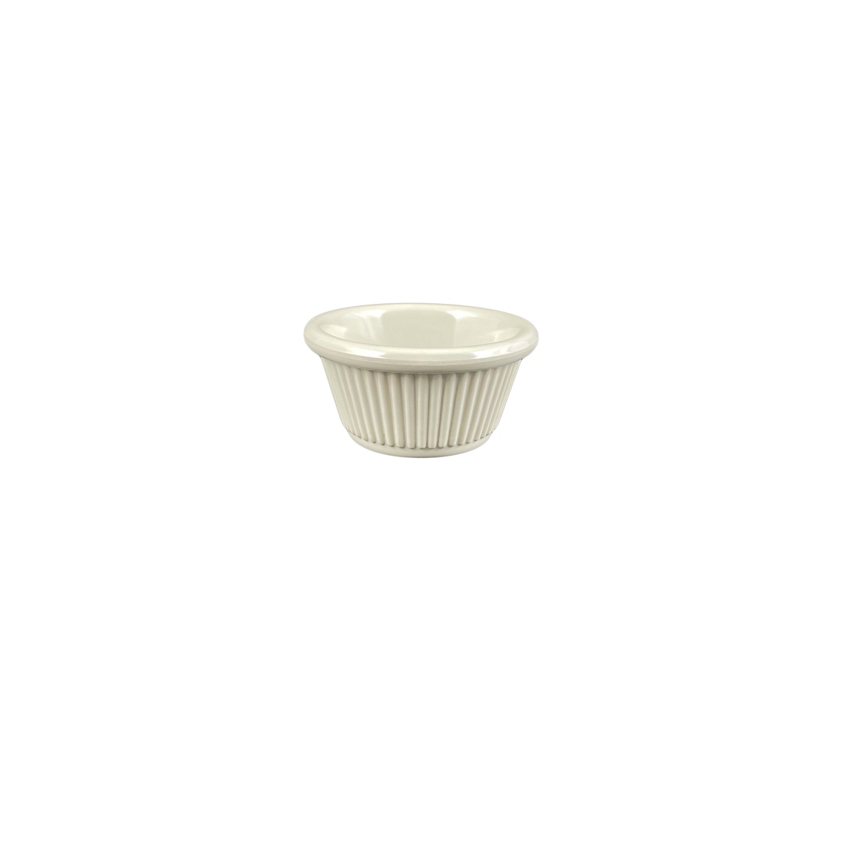 Thunder Group ML509B1 bone fluted melamine ramekin, angled top view showing interior and fluted exterior