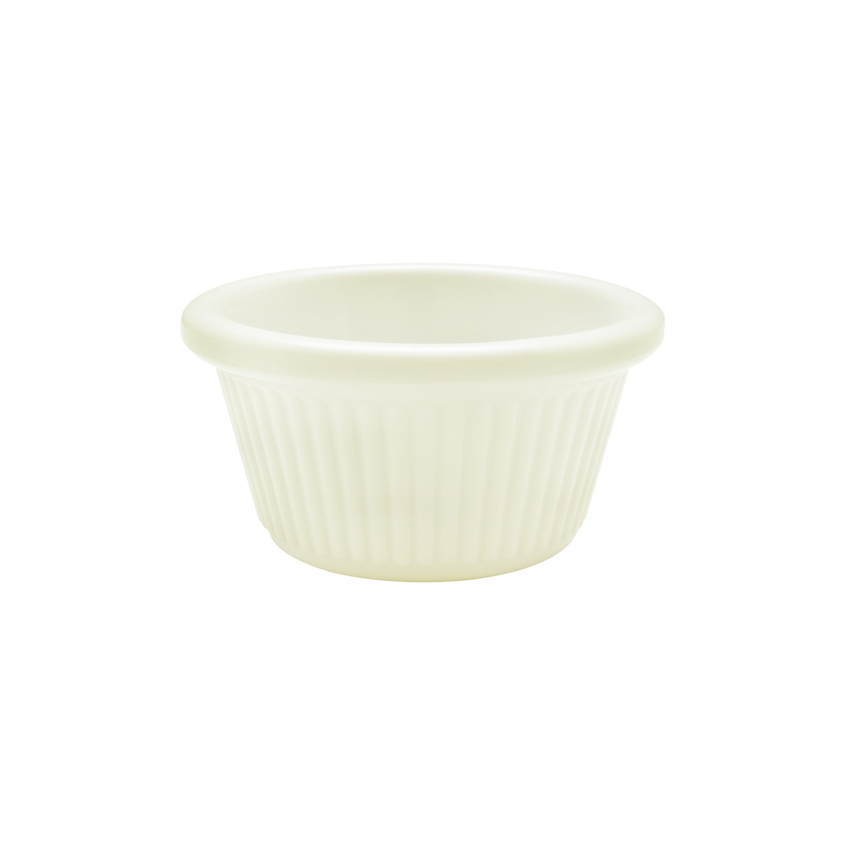 Thunder Group ML509B1 bone fluted melamine ramekin, side profile view showing smooth rim and fluted sides