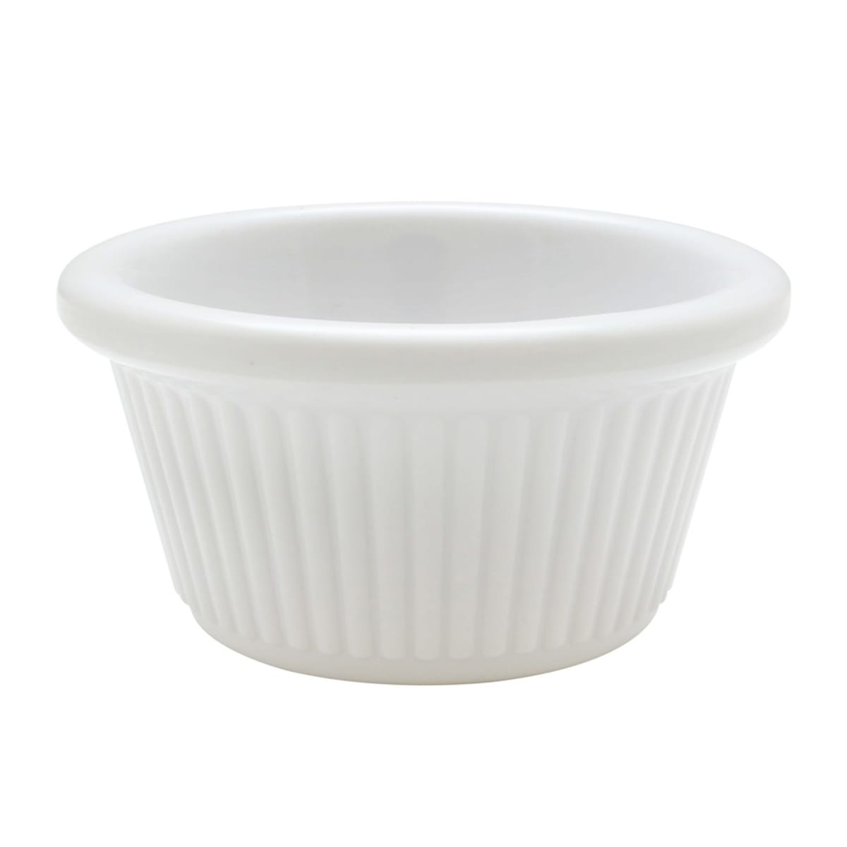Thunder Group ML509W1 2 oz white fluted melamine ramekin with vertical ribbed exterior and rolled rim, shown on white background