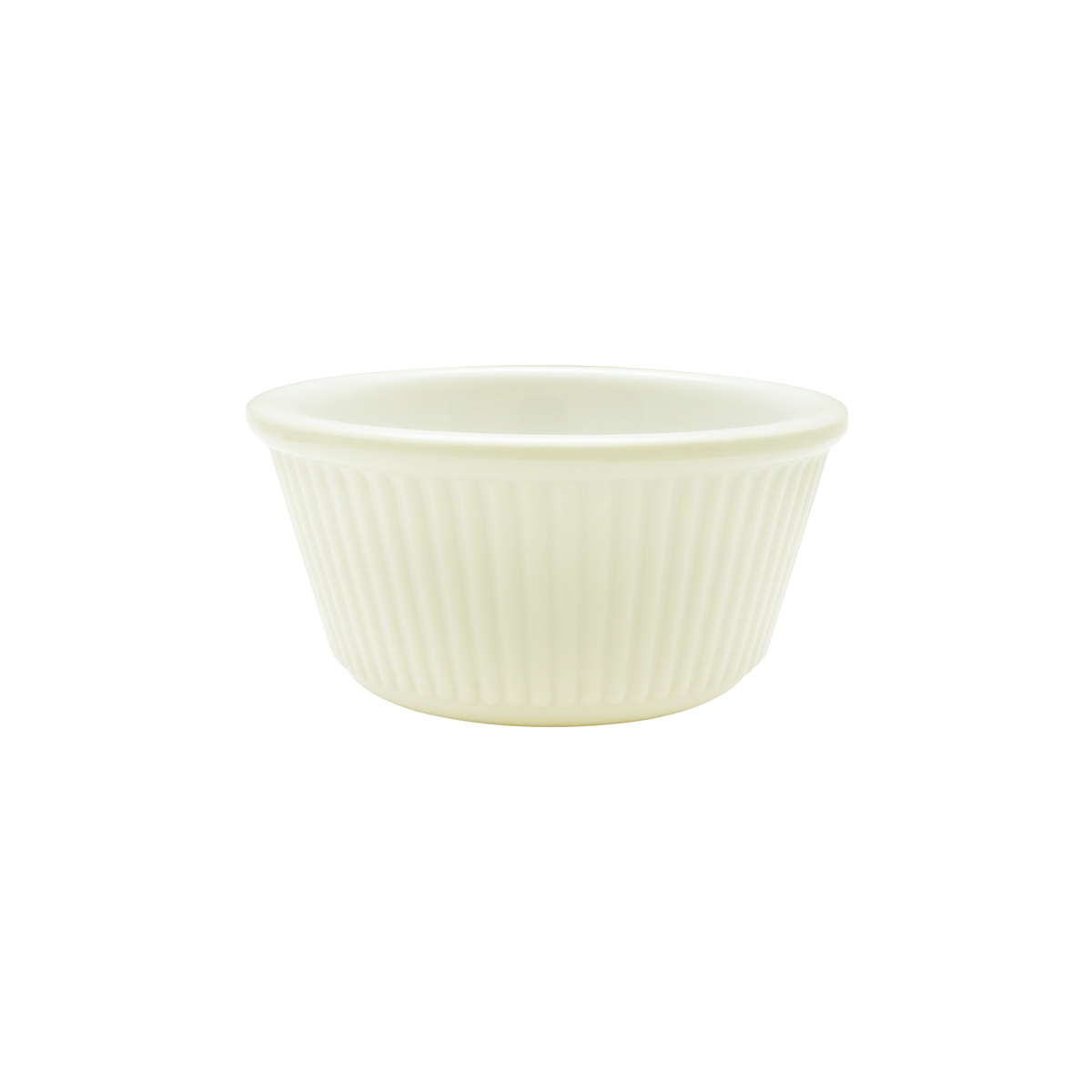 Thunder Group ML531B1 bone melamine fluted ramekin, straight-on side profile view showing fluted exterior texture