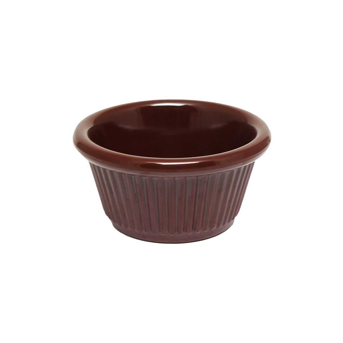 Thunder Group ML531C1 chocolate fluted melamine ramekin, side angled view showing fluted exterior