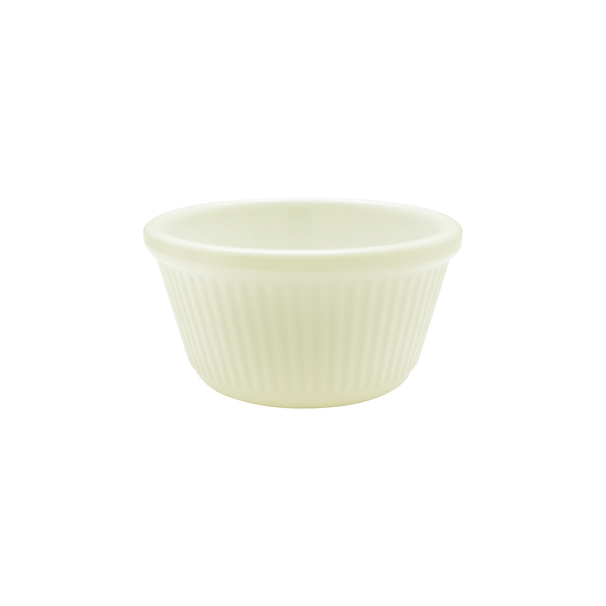 Thunder Group ML532B1 bone melamine ramekin, straight-on view highlighting smooth interior and fluted outer wall