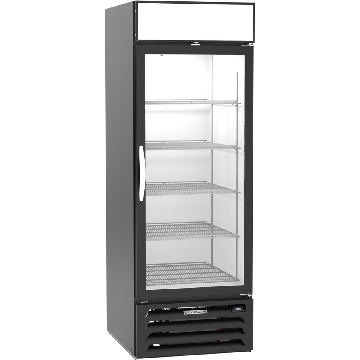 Beverage-Air MMF23HC-1-B black glass door merchandiser freezer, closed door angled view showing sign panel and bottom-mount compressor