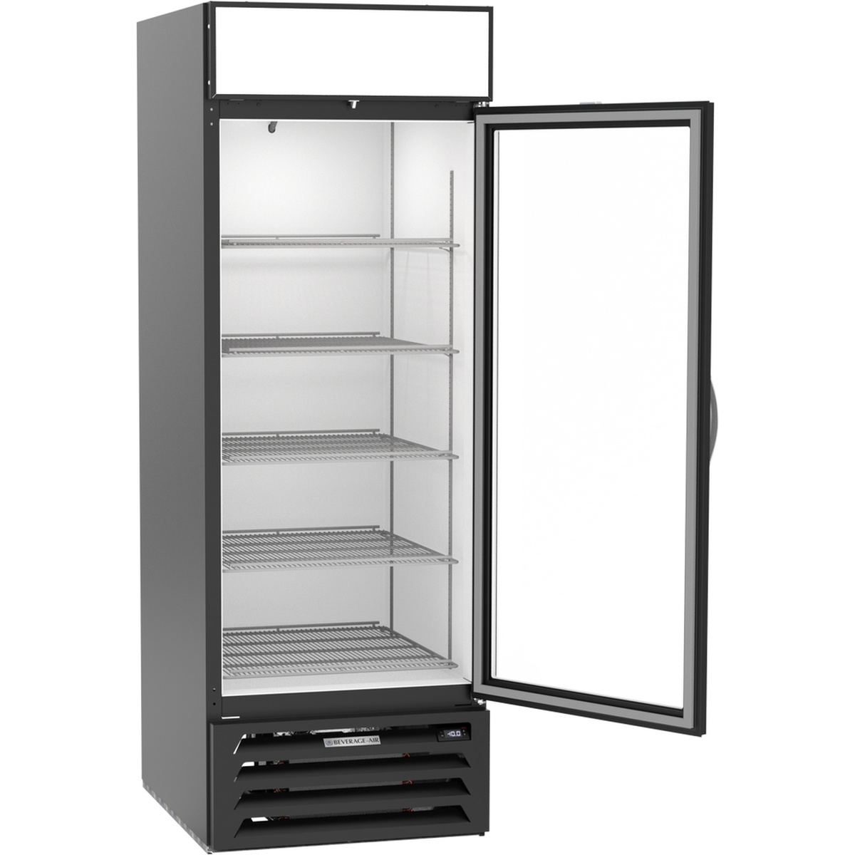 Beverage-Air MMF23HC-1-B merchandiser freezer with door fully open showing interior shelving and bottom-mount refrigeration unit