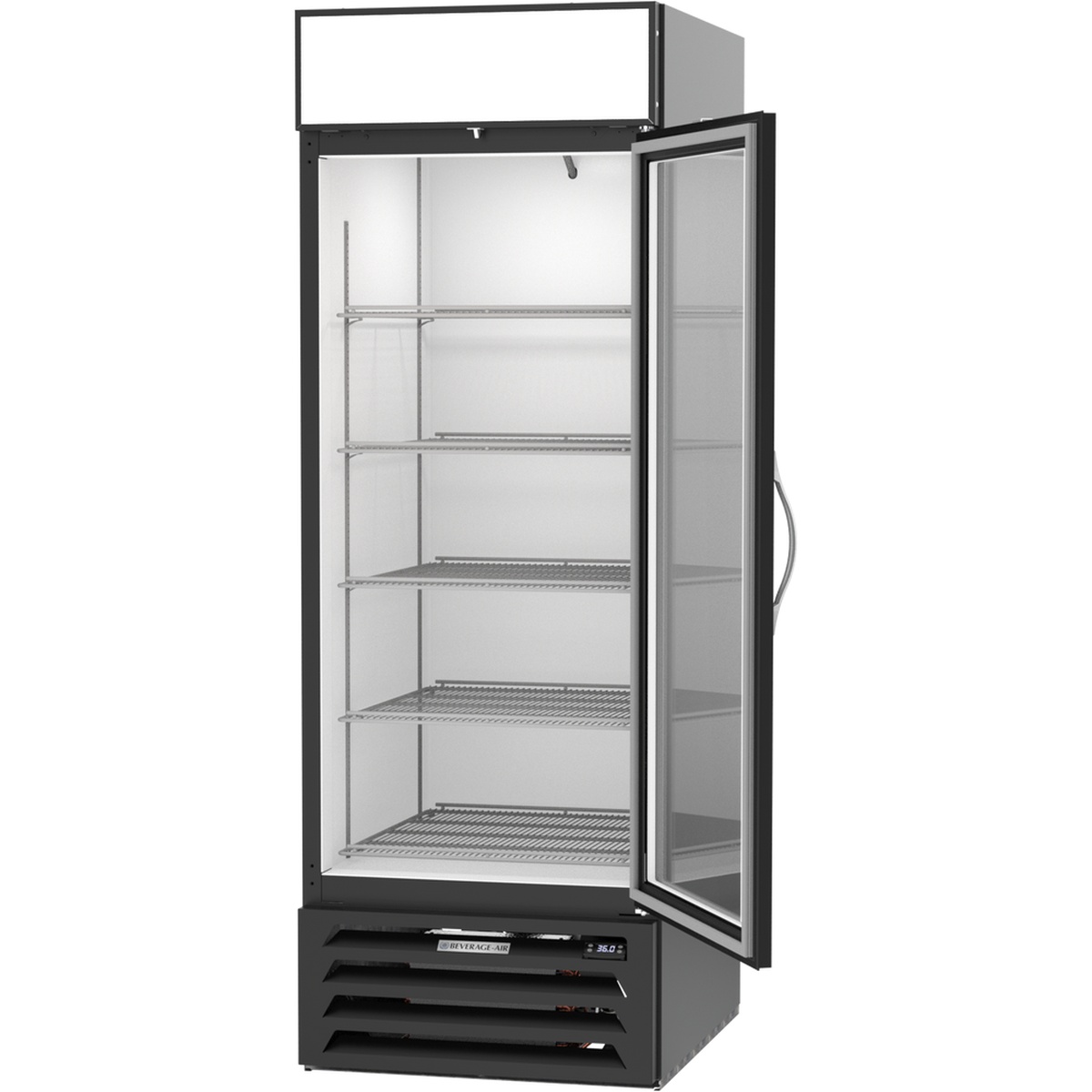 Beverage-Air MMR23HC-1-B merchandiser refrigerator with door fully open revealing white interior and five wire shelves, front view