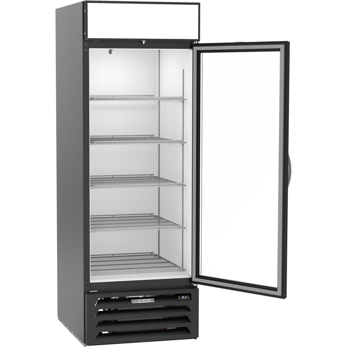 Beverage-Air MMR23HC-1-B merchandiser refrigerator with door open wide showing interior shelving and bottom-mount refrigeration unit, side-angled view