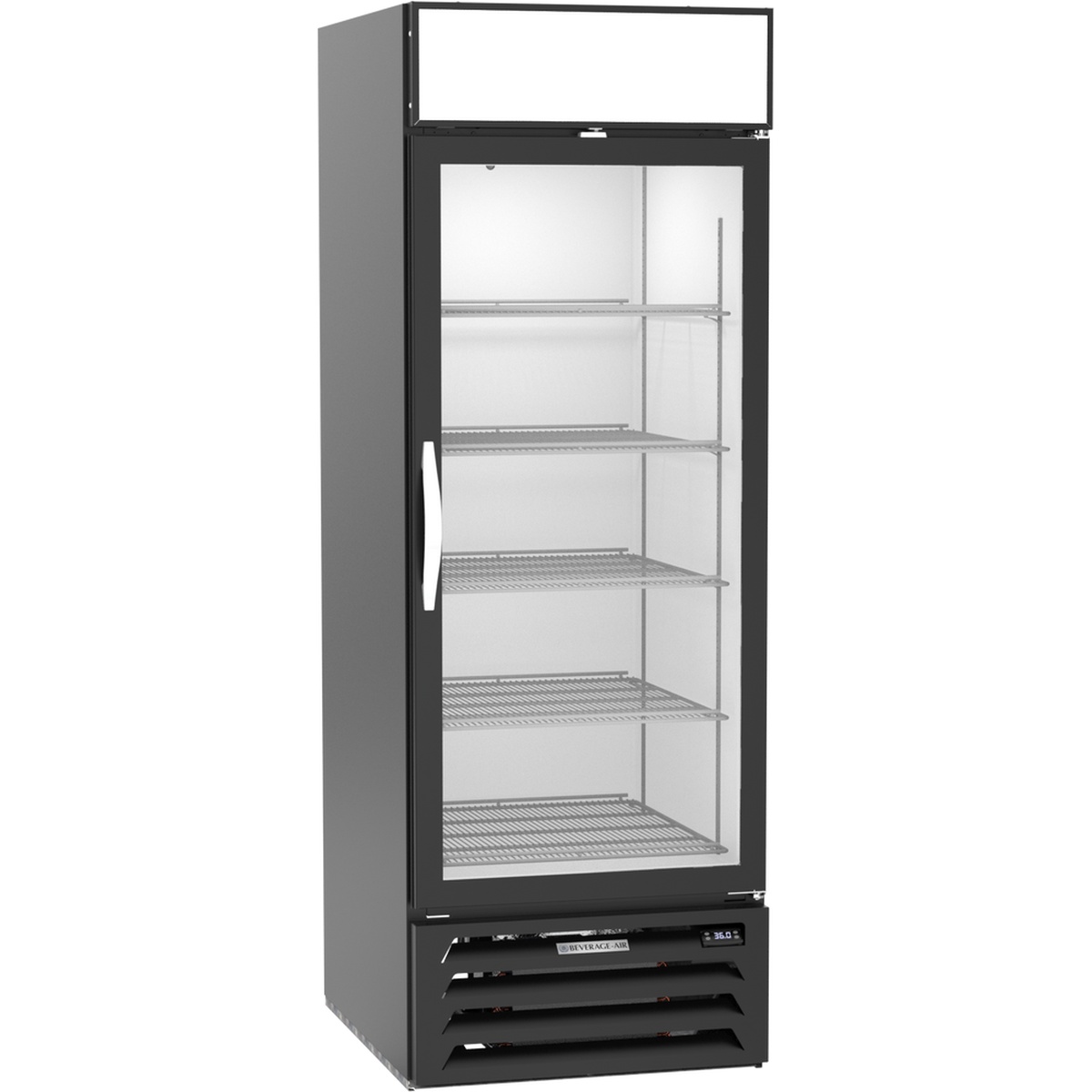 Beverage-Air MMR23HC-1-B black glass door merchandiser refrigerator, closed door angled view showing sign panel and bottom-mount compressor