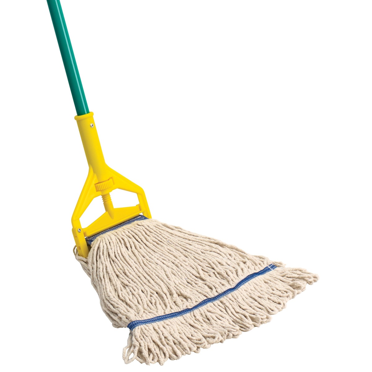 Winco MOP-24W wet mop head attached to a standard mop handle, showing fan-out coverage on a white background
