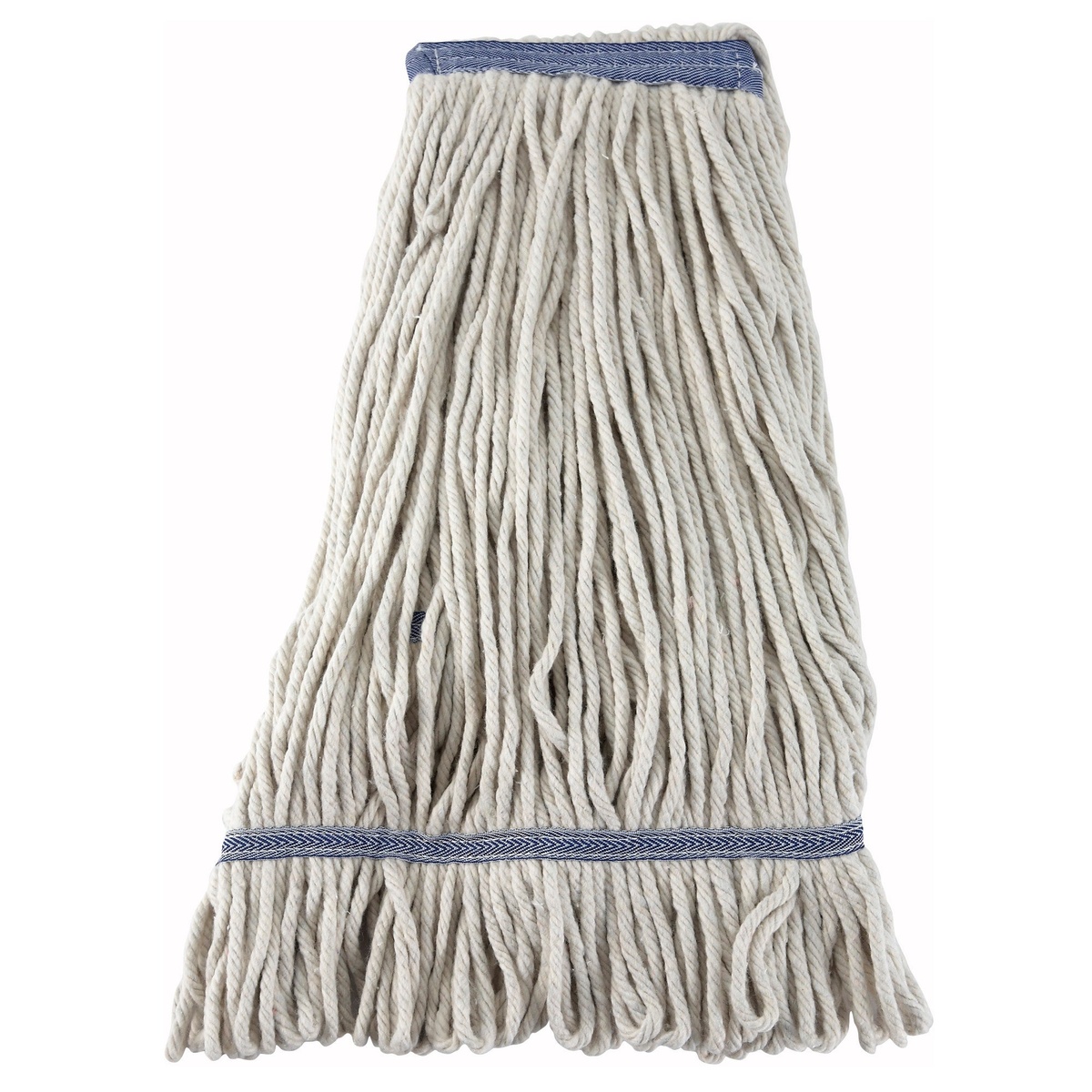 Winco MOP-24W white looped-end wet mop head, front view showing cotton-poly yarn and blue headband and tailband