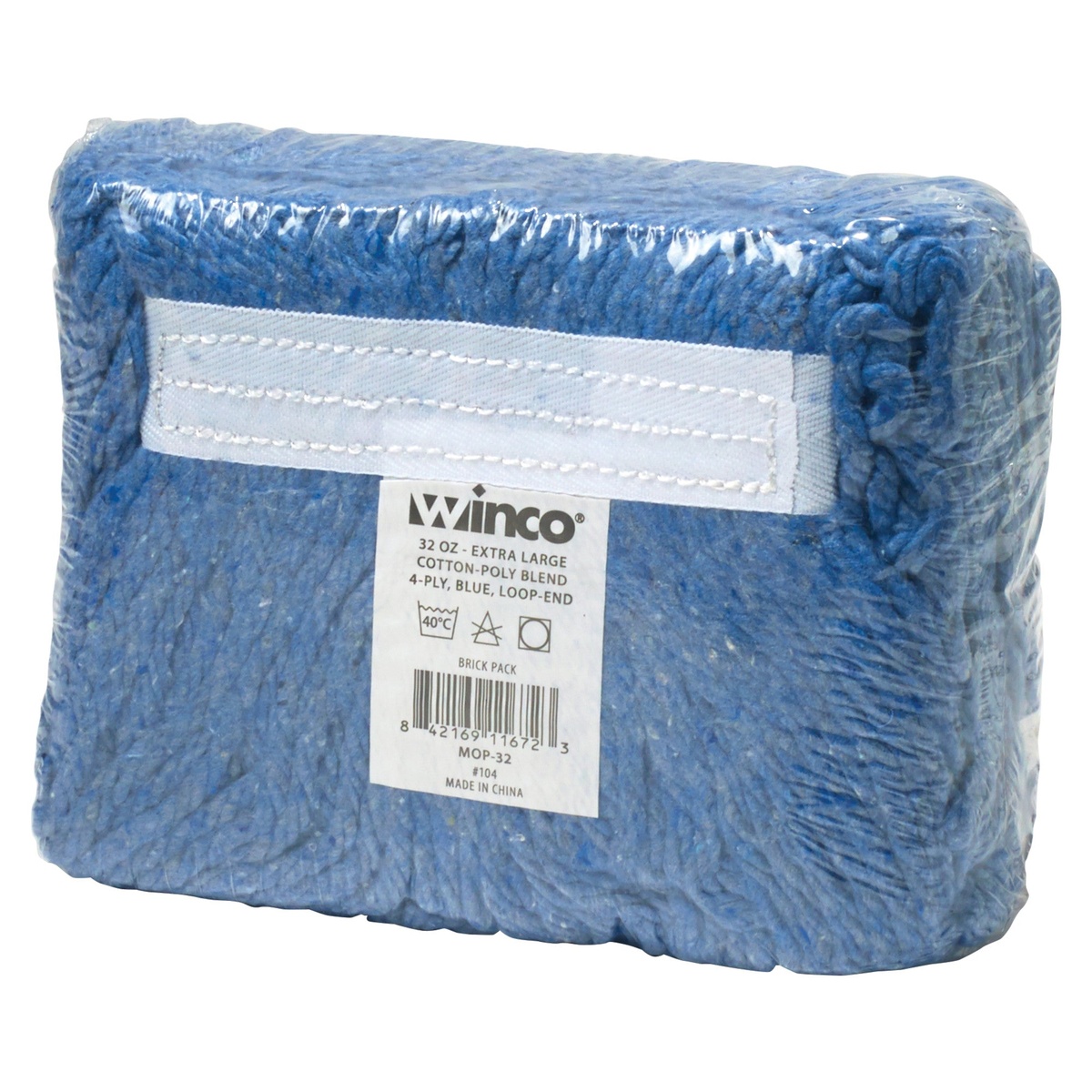 Winco MOP-32 packaged in brick pack with product label showing 32 oz cotton-poly blend 4-ply loop-end specs