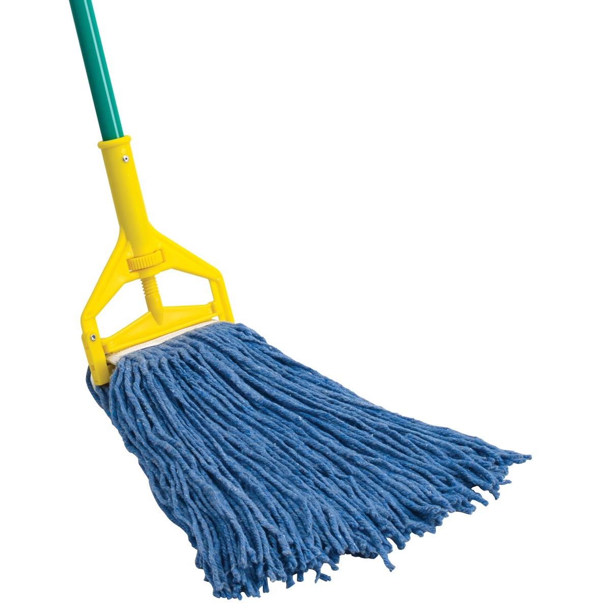 Winco MOP-32C blue mop head attached to a yellow clamp-style mop handle