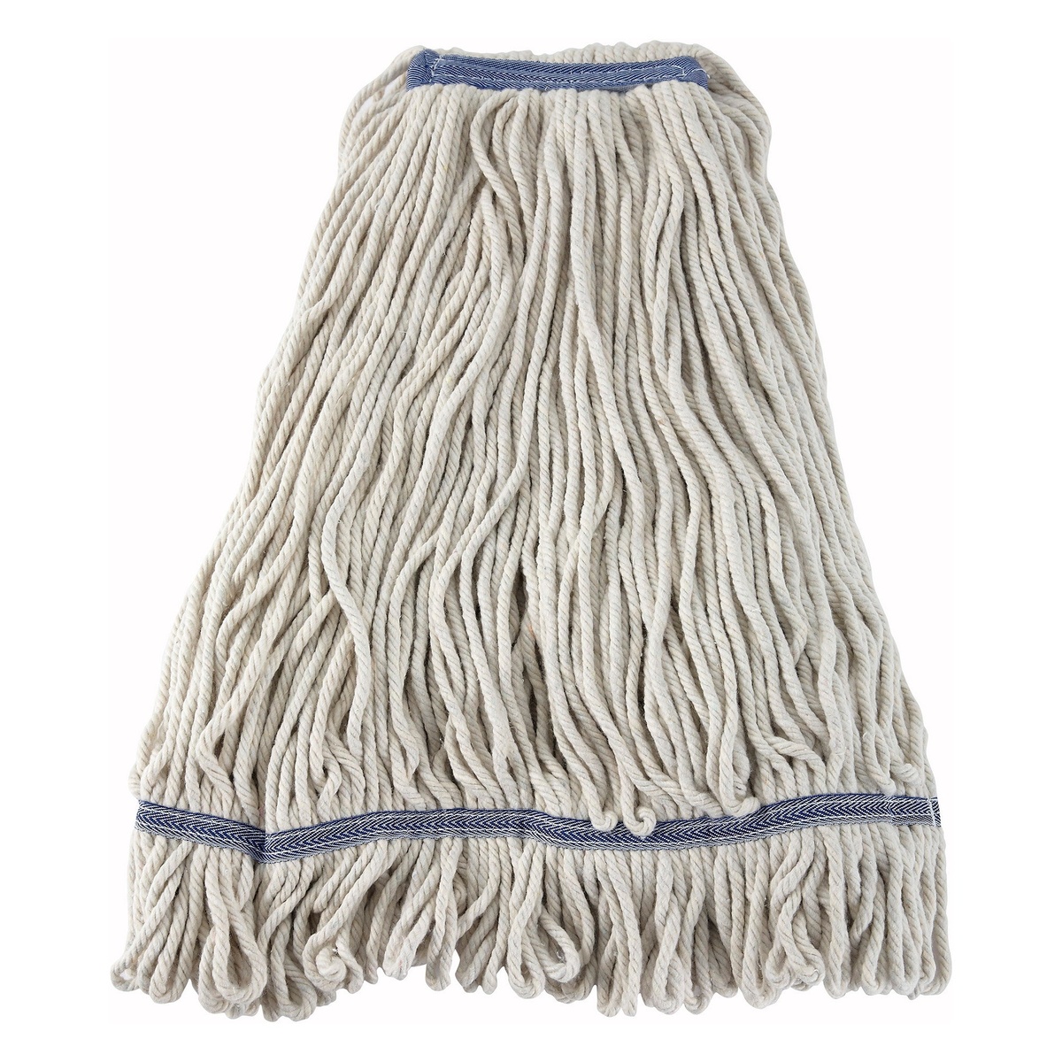 Winco MOP-32W white looped-end wet mop head showing 4-ply cotton-poly yarn strands and blue headband and tailband