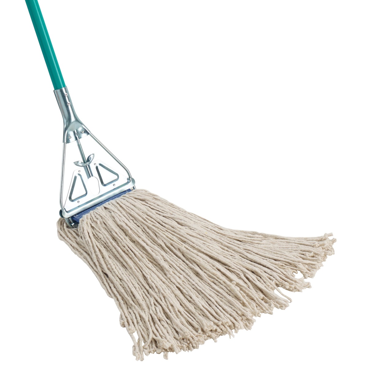 Winco MOPH-7M mop handle with natural cotton wet mop head attached showing metal quick-change frame