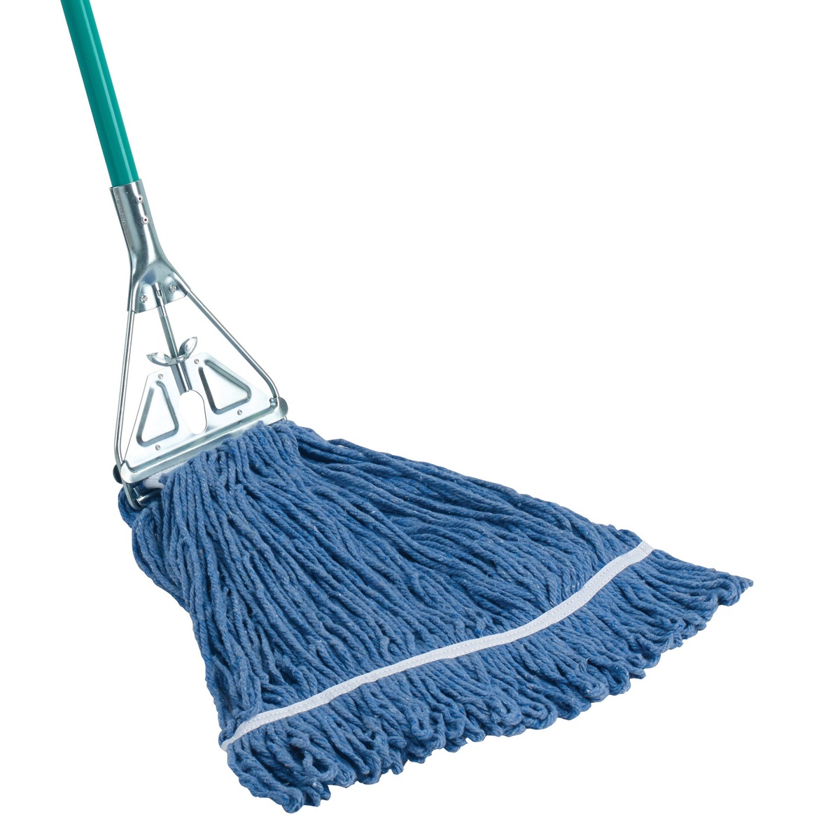 Winco MOPH-7M mop handle with blue wet mop head attached showing quick-change metal frame