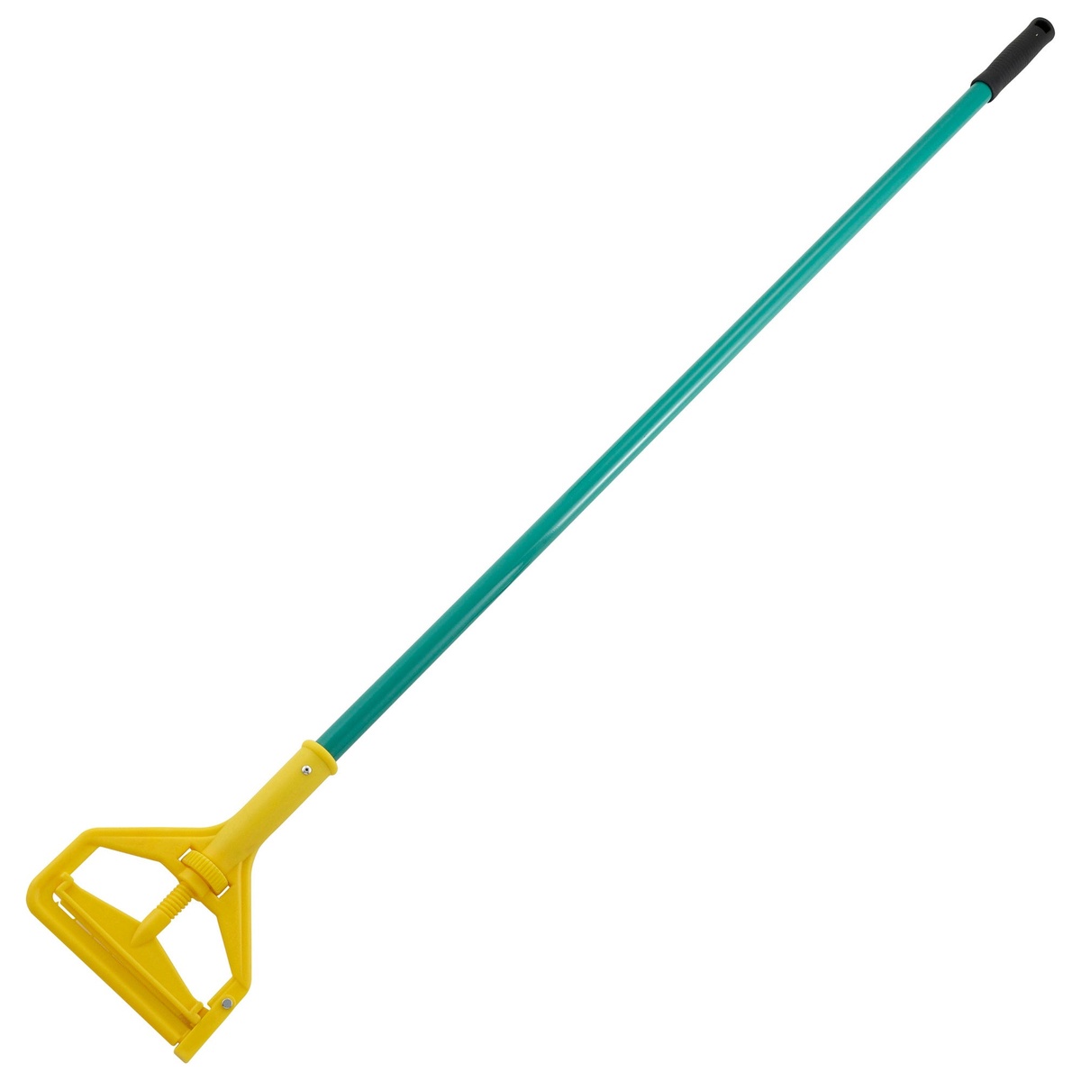 Winco MOPH-7P 57-inch green metal mop handle with yellow plastic side release on white background