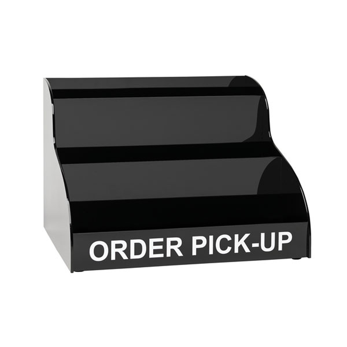 Dispense-Rite MOPU-3B black acrylic three-tier countertop order pick-up stand, empty product view