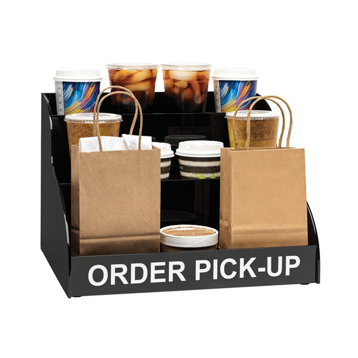 Dispense-Rite MOPU-3B black acrylic order pick-up unit loaded with cups and small bags across three tiers
