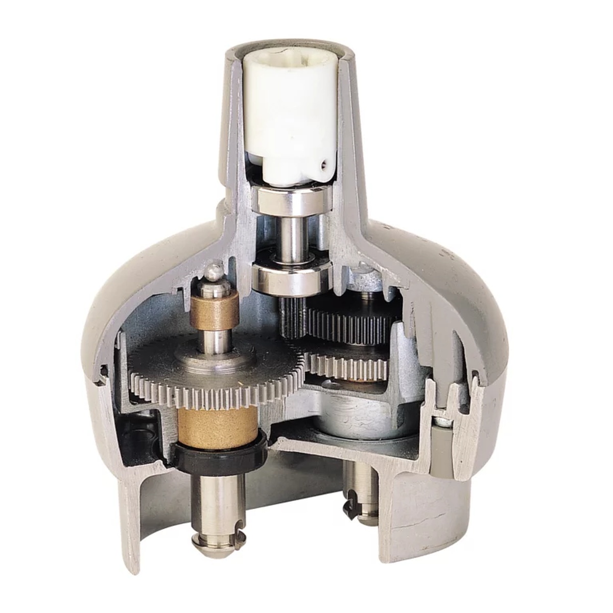 Cutaway view showing Robot Coupe whisk metal gearbox with dual metal casings