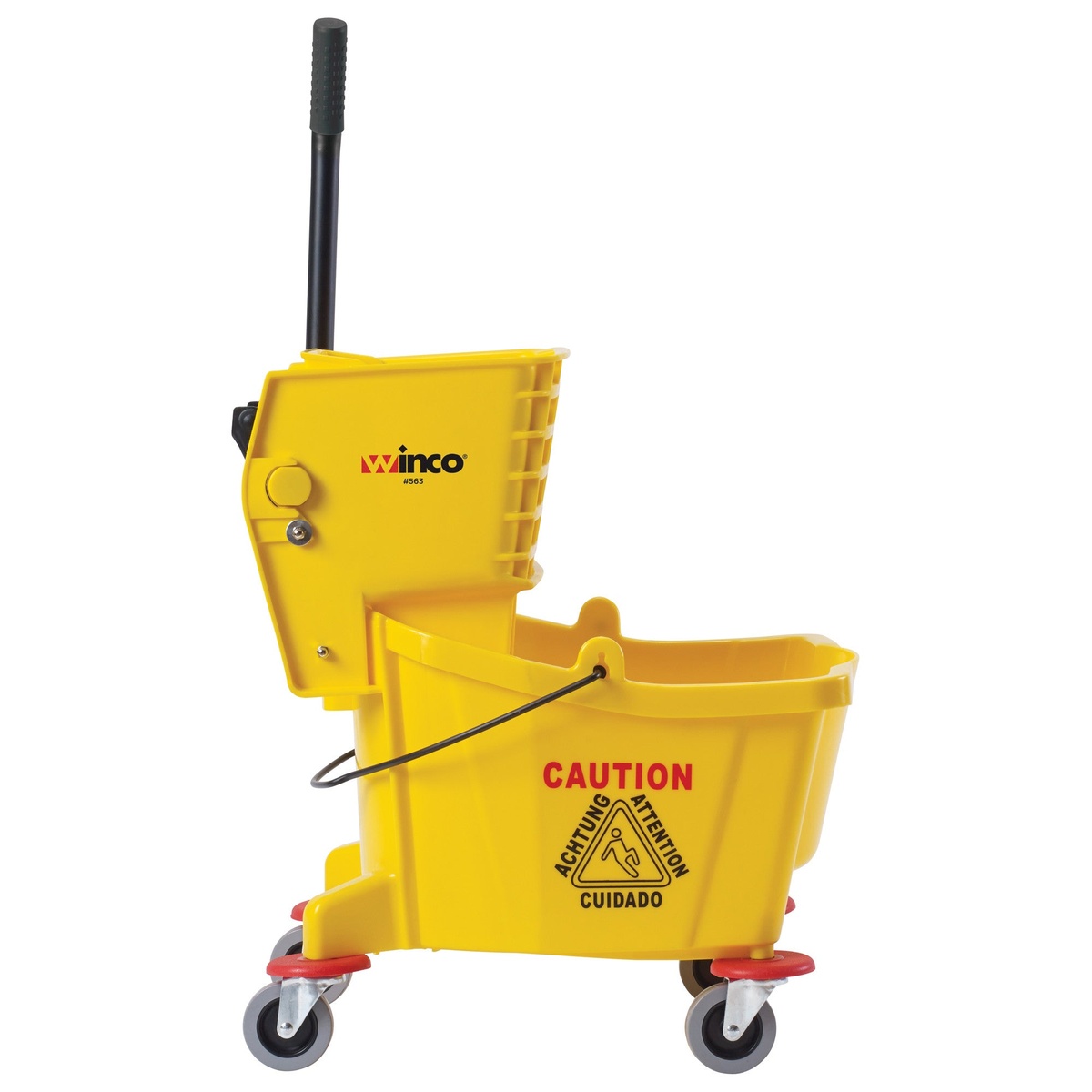 Winco MPB-26 yellow mop bucket with side-press wringer, rear angle view showing built-in carry handle and casters