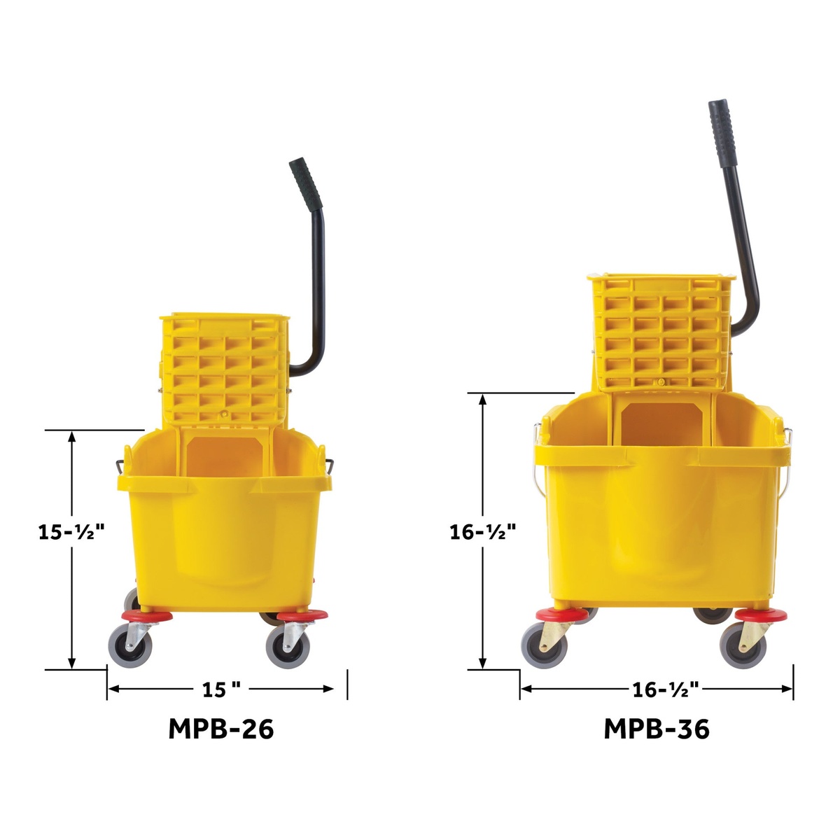 Front-view dimension diagram of Winco MPB-26 showing 15.5 inch height and 15 inch width versus the MPB-36